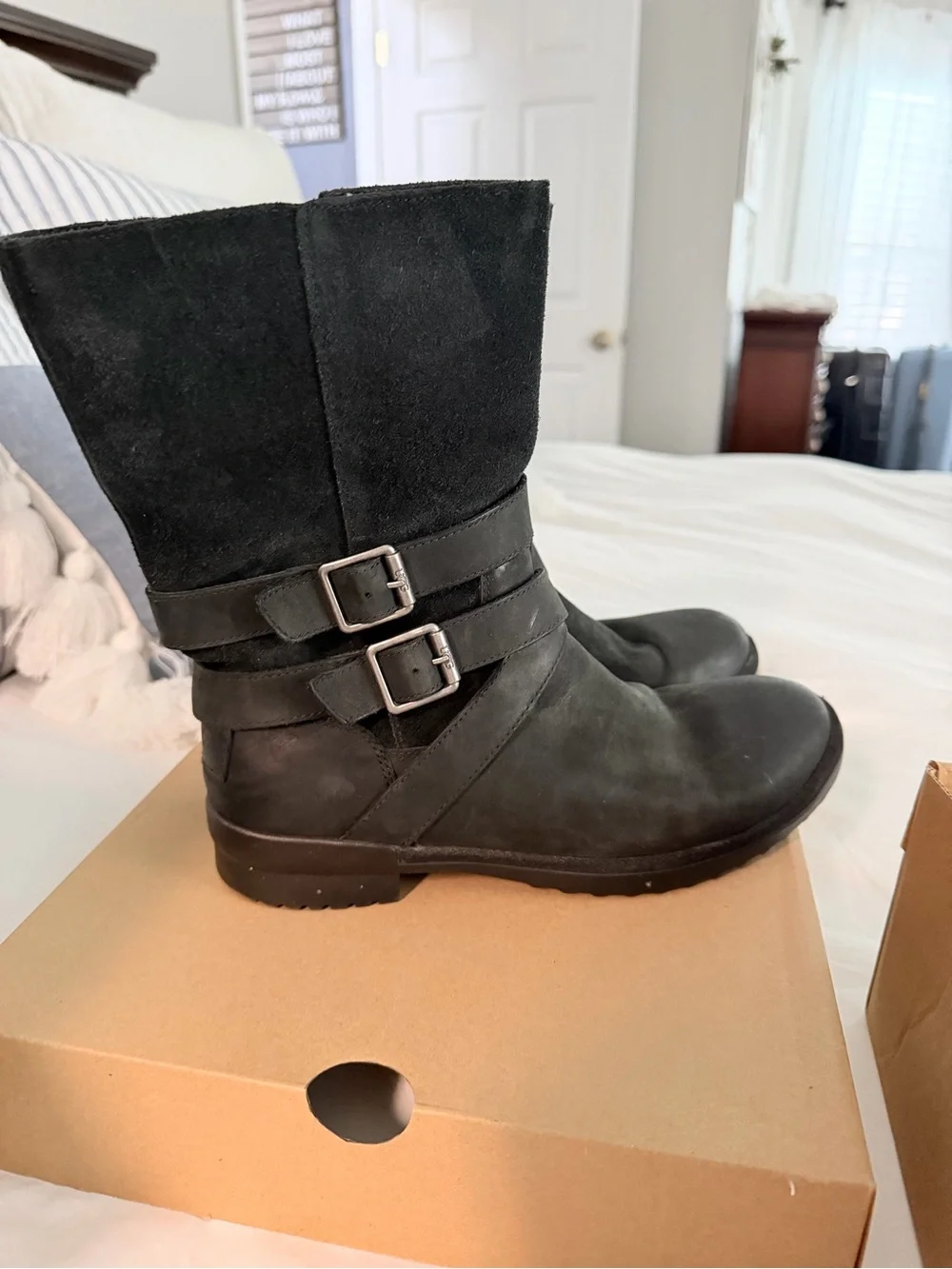 UGG Lorna Black Mid-Calf Buckle Boots